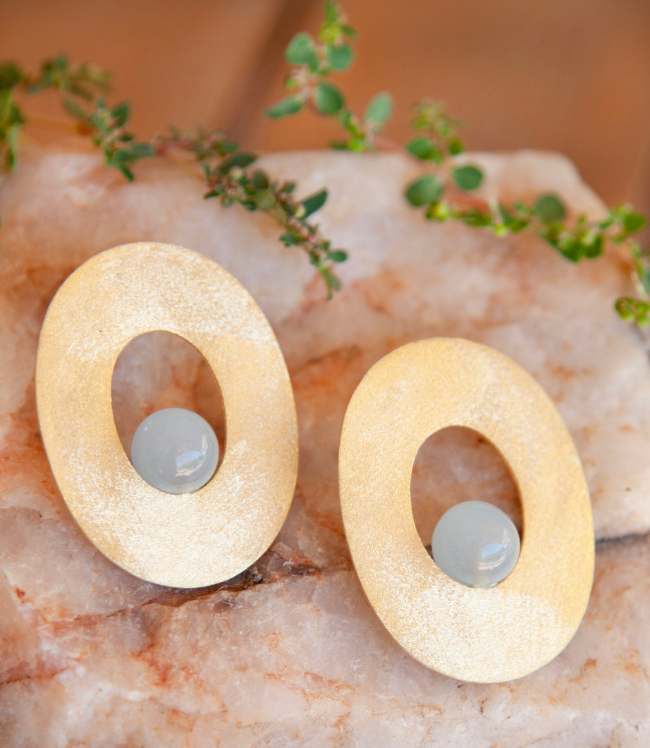 Aqua Chalcedony Oval Goldplated Silver Earrings